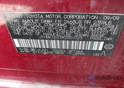 2010 Lexus Es 350 из США, поврежденный, VIN JTHBK1EG7A2351023